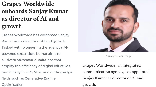 Grapes Worldwide Appoints Sanjay Kumar as Director – AI & Growth